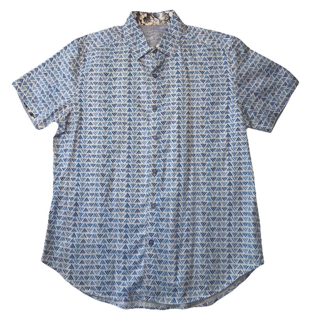 Robert Graham Shirt Mens M Blue Geometric Print Short Sleeve Button Up